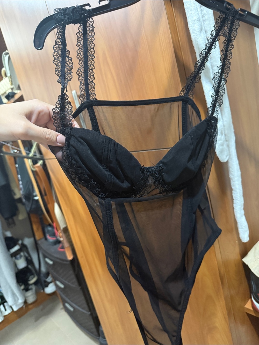 Sheer Lace Trim Black Bodysuit - Intimates
